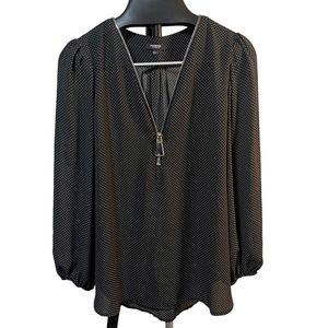 Premise studio 1/4 zip flows tunic top women ox black white polka long sleeeve